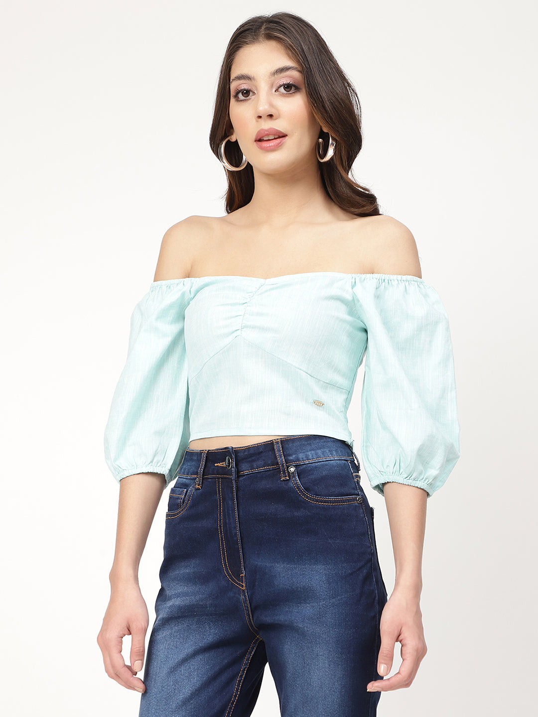 Elle Women Green Solid Off Shoulder Top