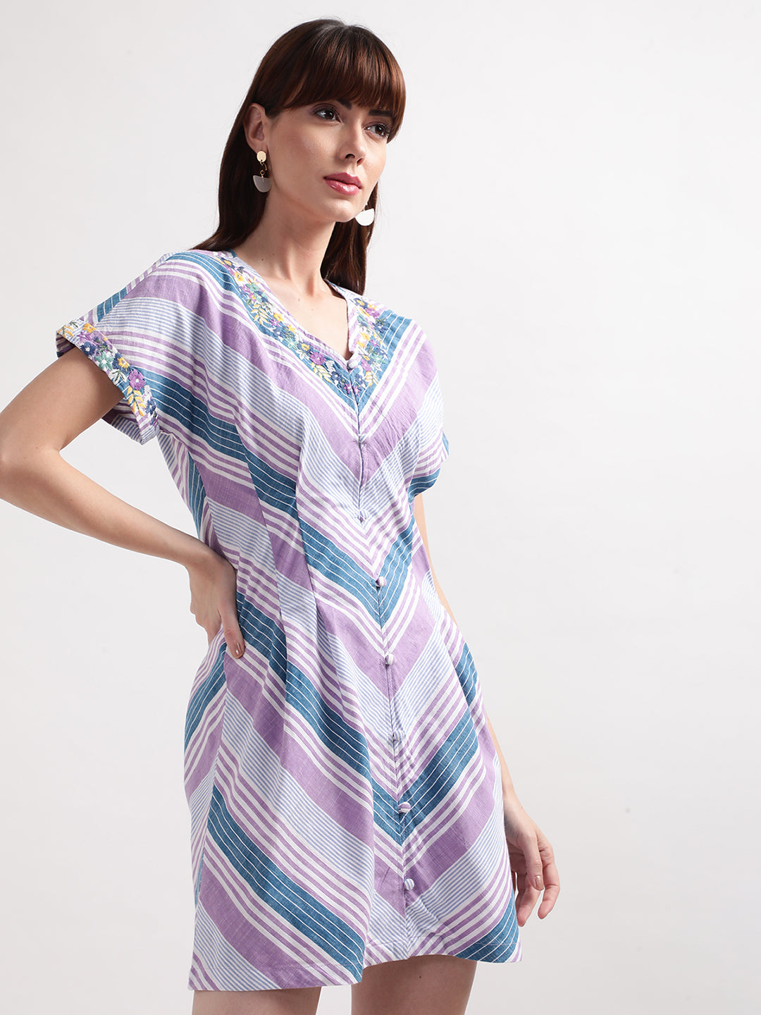 Elle Women Multi Striped V Neck Dress