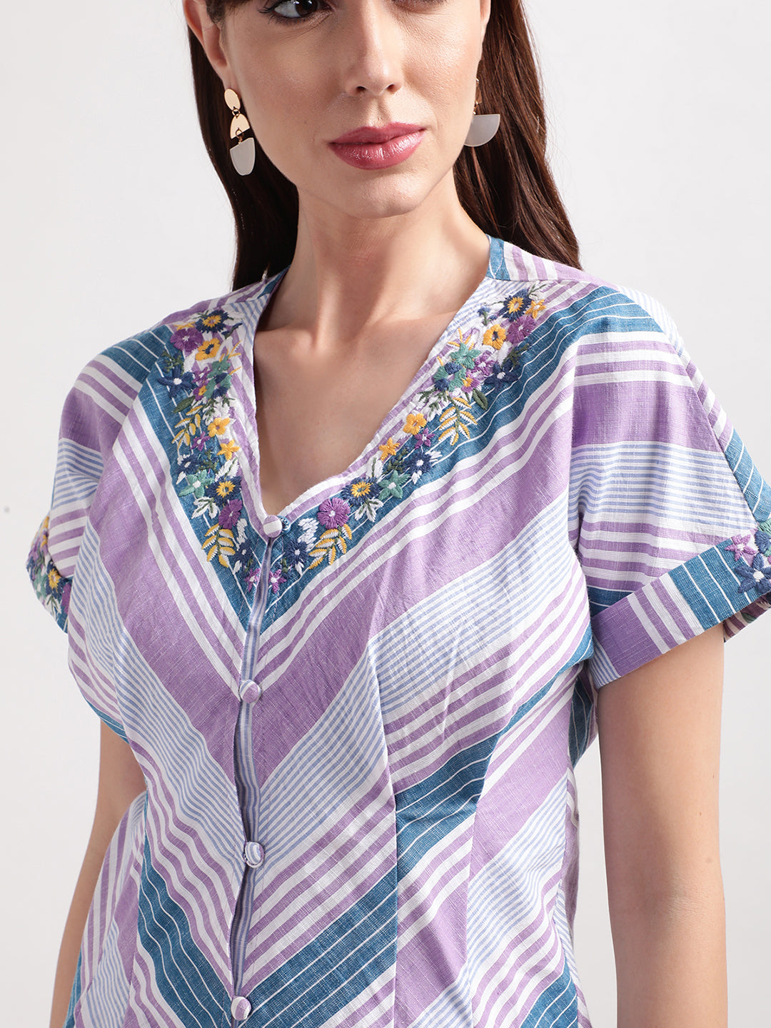 Elle Women Multi Striped V Neck Dress