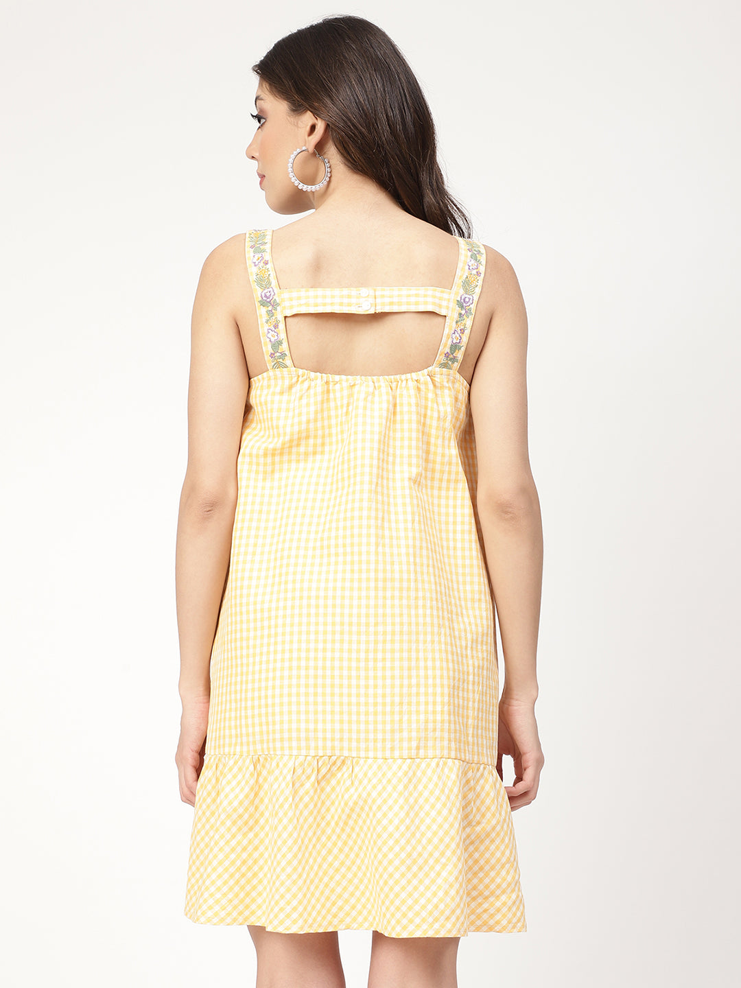 Elle Women Yellow Checked Square Neck Dress