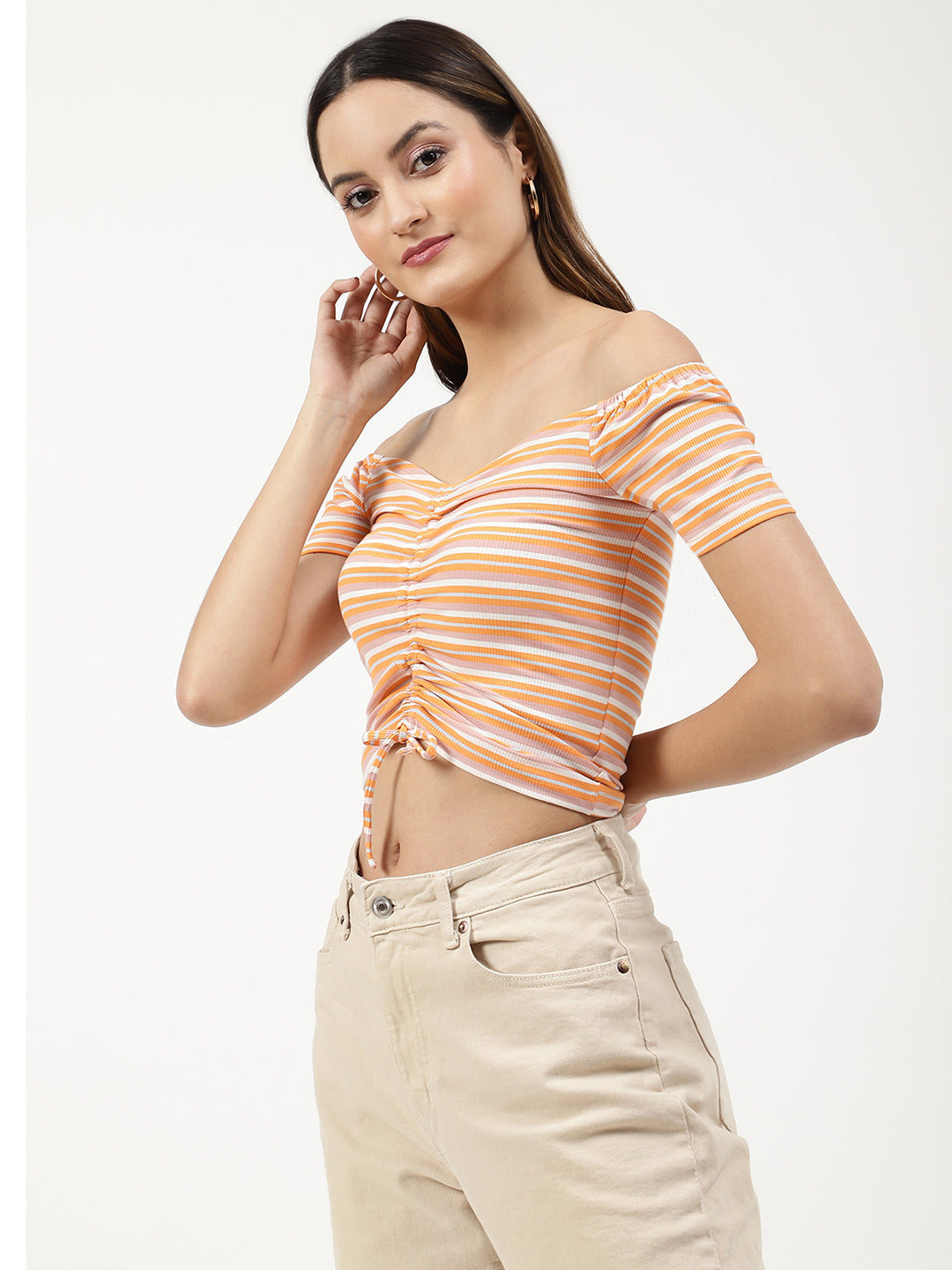 Elle Orange Striped Semi Fitted Crop Top