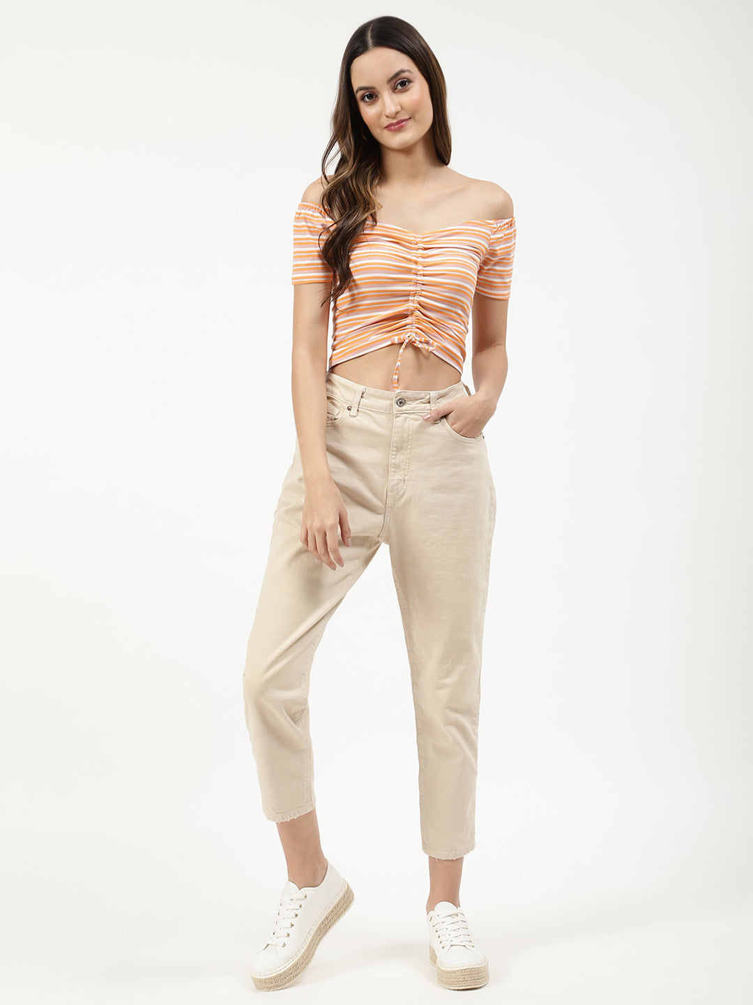 Elle Orange Striped Semi Fitted Crop Top