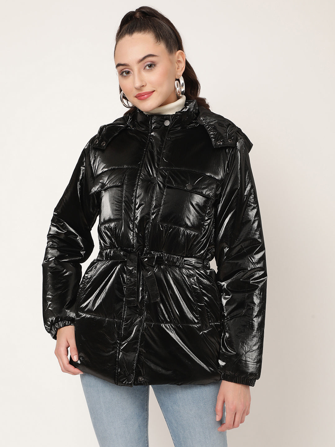 Centre Stage Women Black Solid Hooded Jacket