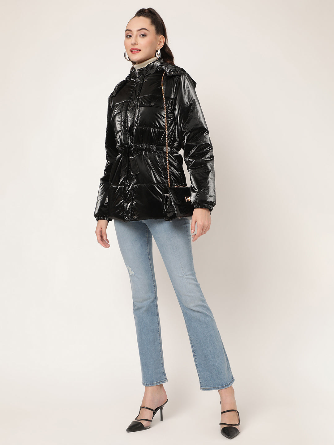 Centre Stage Women Black Solid Hooded Jacket