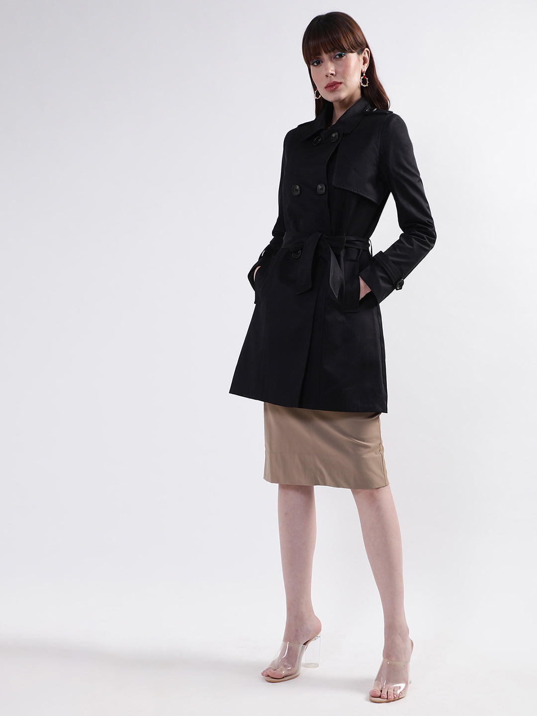 Centre Stage Women Black Solid Collar Overcoat