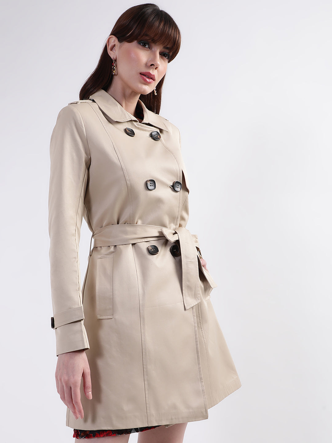 Centre Stage Women Beige Solid Collar Overcoat