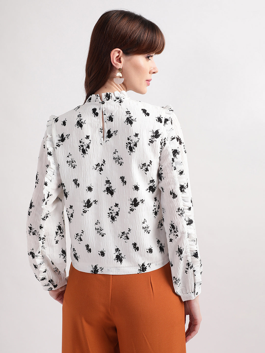 Centre Stage Women White Printed Band Collar Top