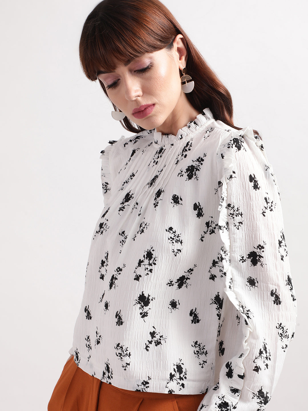 Centre Stage Women White Printed Band Collar Top