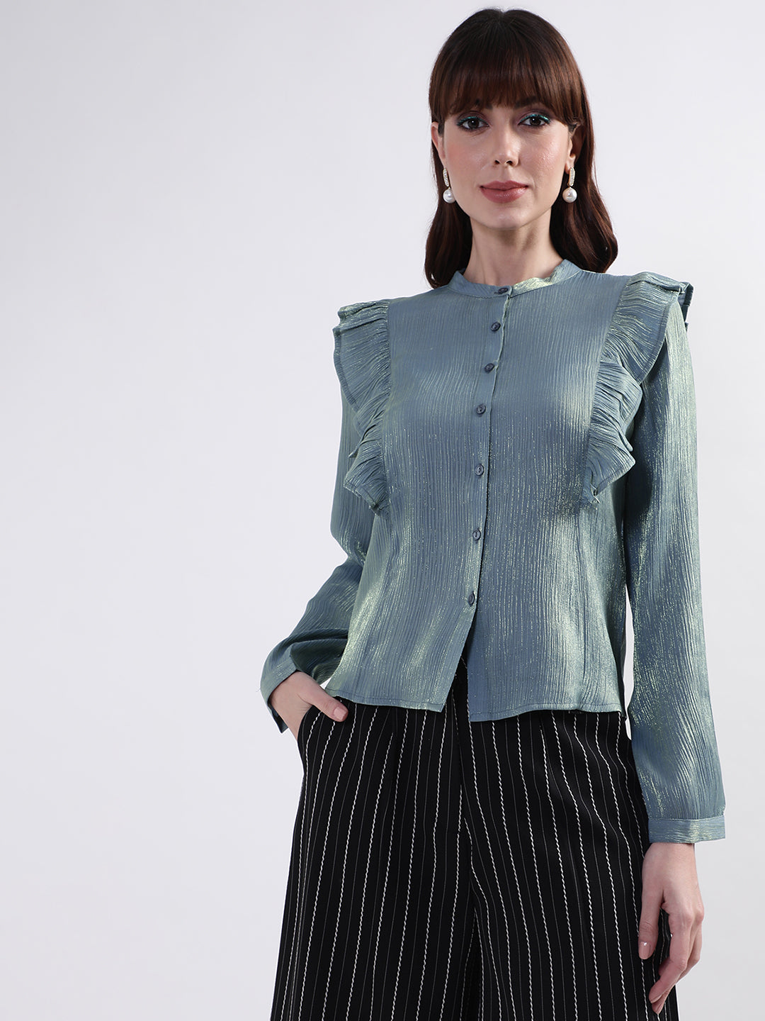 Centre Stage Women Blue Solid Collar Top