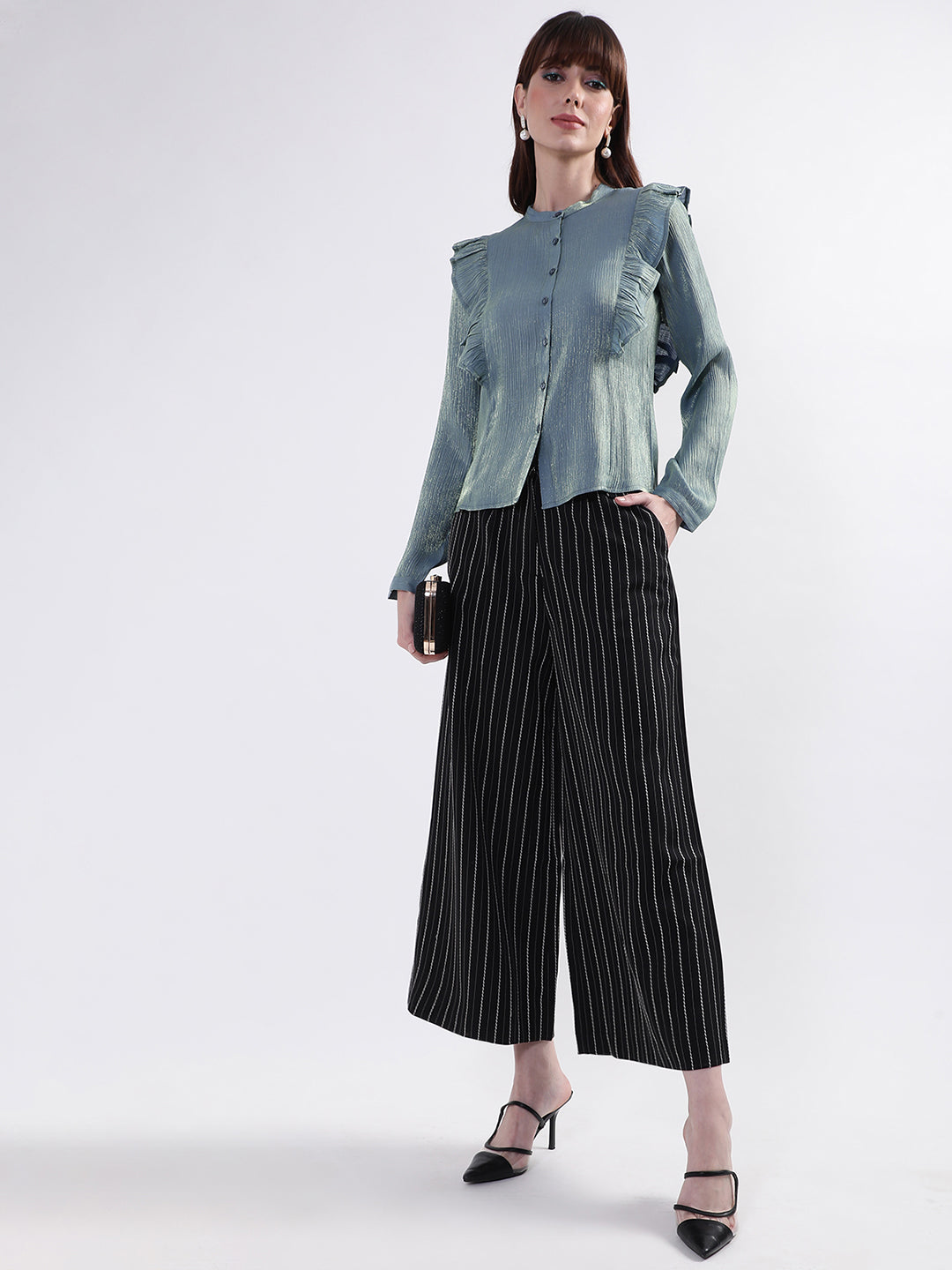 Centre Stage Women Blue Solid Collar Top