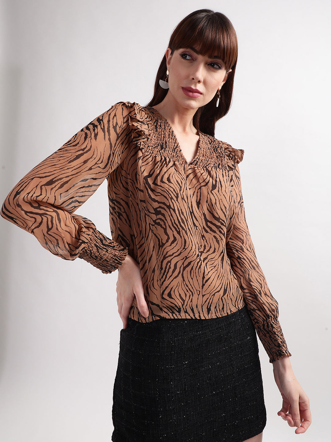 Centre Stage Women Brown Printed V Neck Top