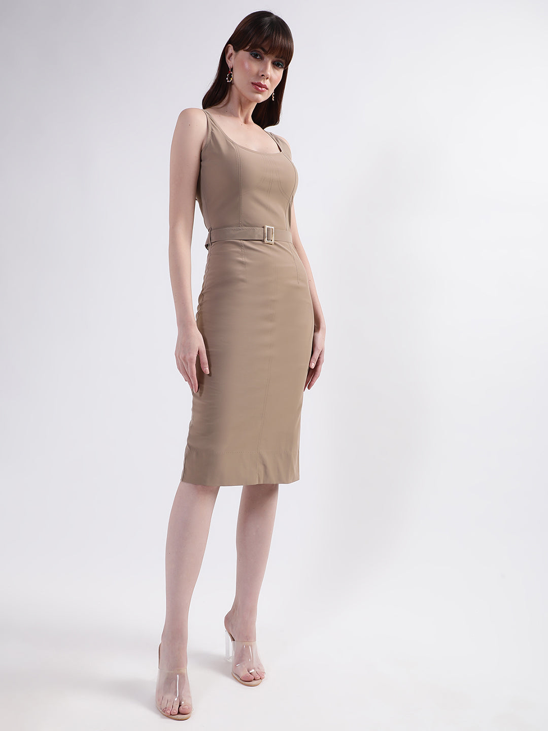 Centre Stage Women Beige Solid Round Neck Dress