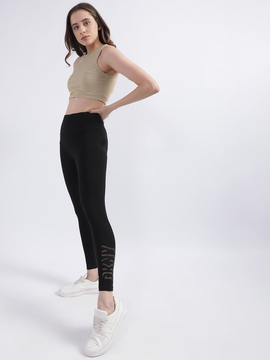 DKNY Women Black Solid Fitted Leggings