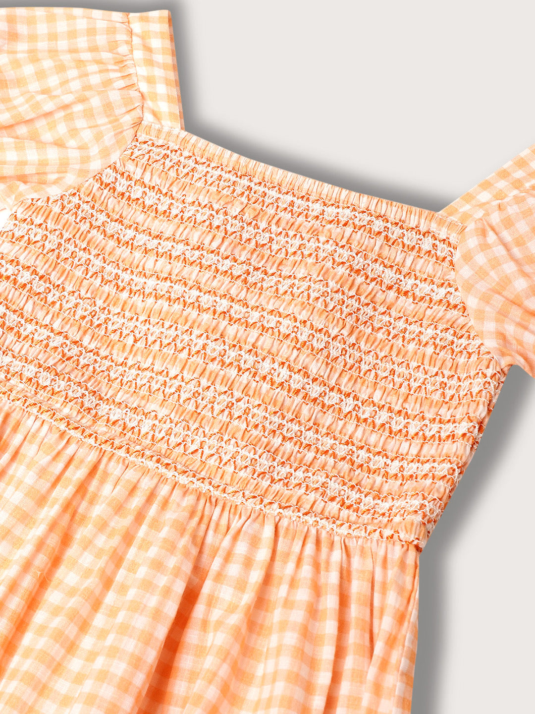 Blue Giraffe Girls Peach Checked Square Neck Dress