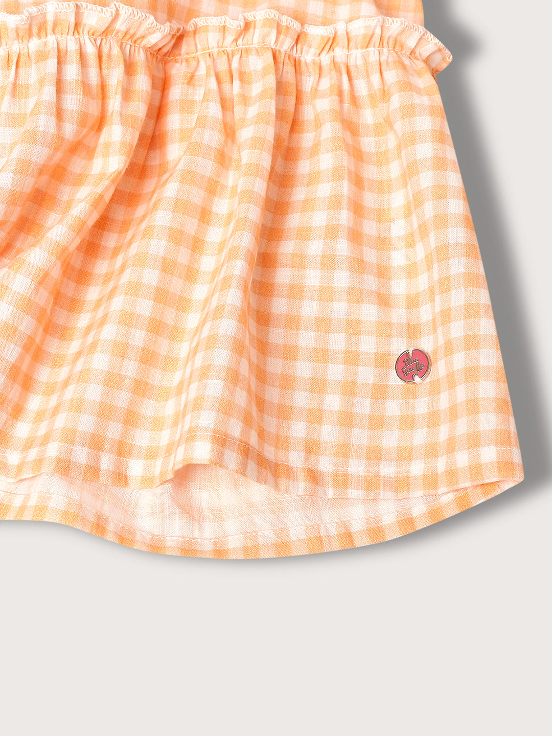 Blue Giraffe Girls Peach Checked Square Neck Dress