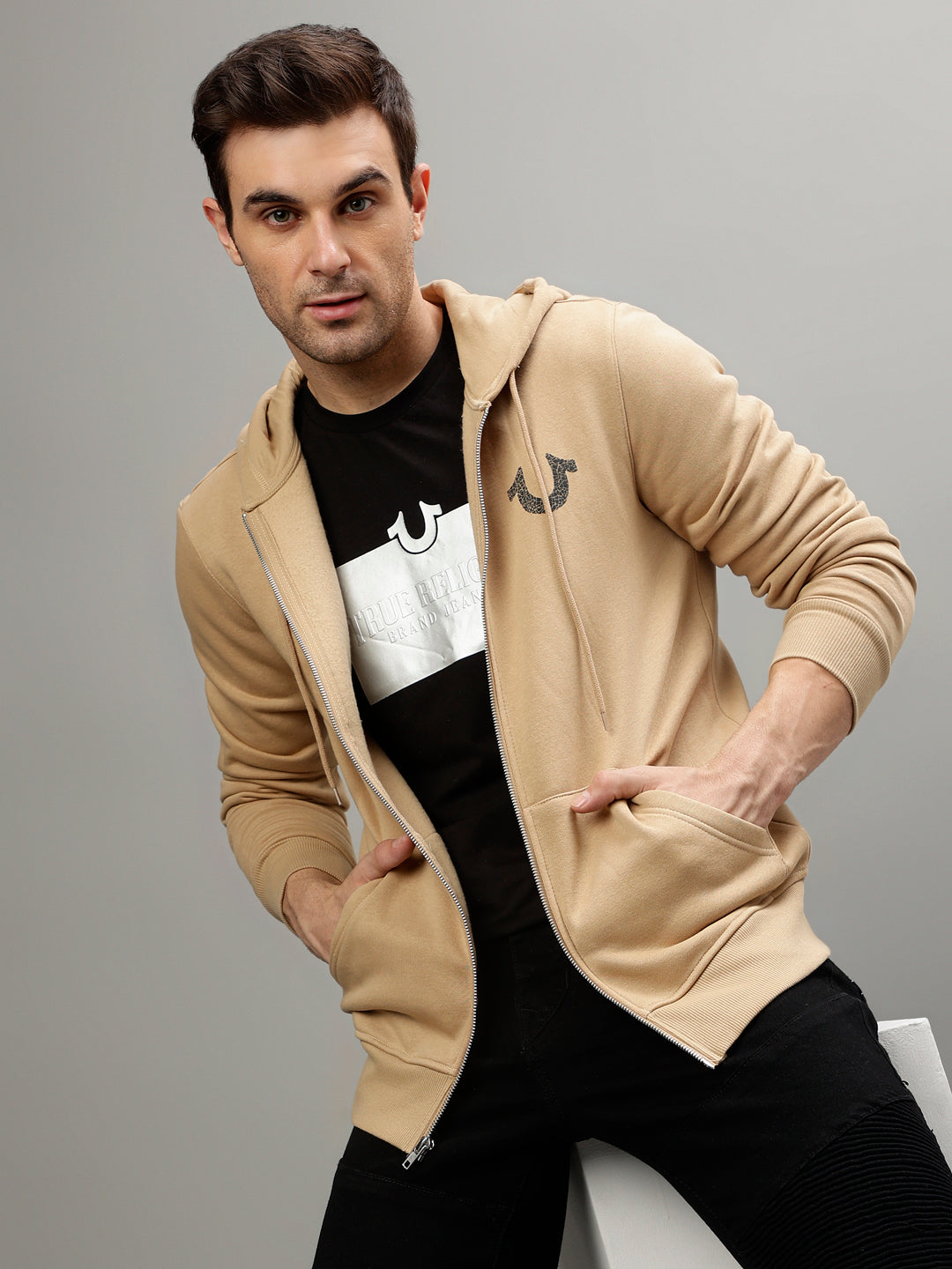 True Religion Men Solid Hooded Full Sleeves Sweatshirt