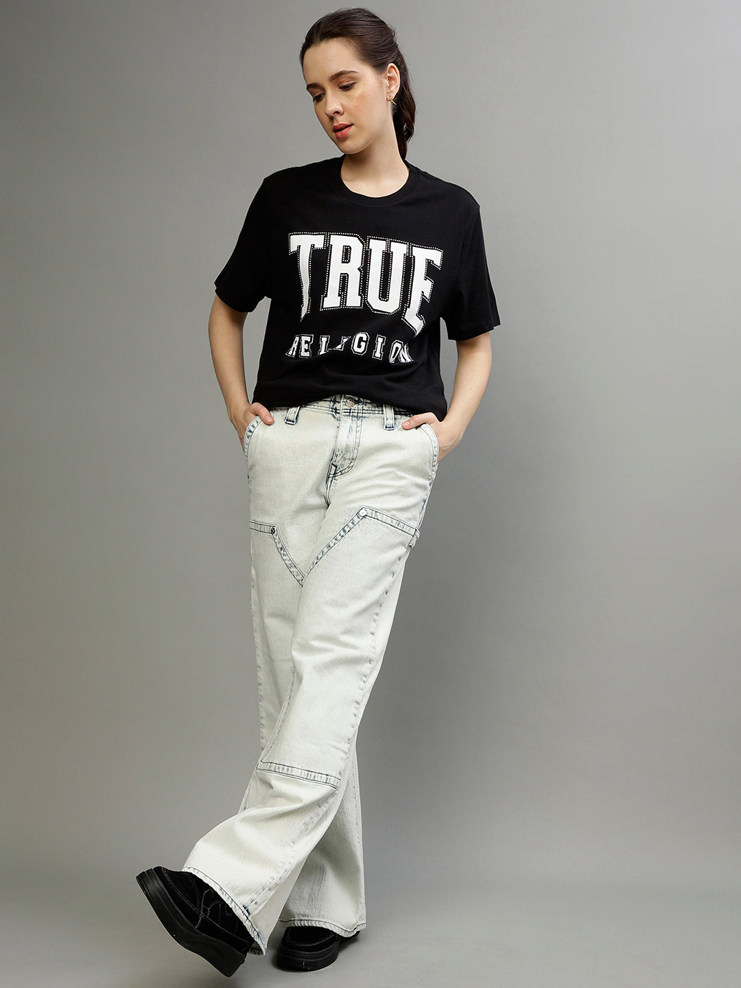 True Religion Women Solid Flared Jeans