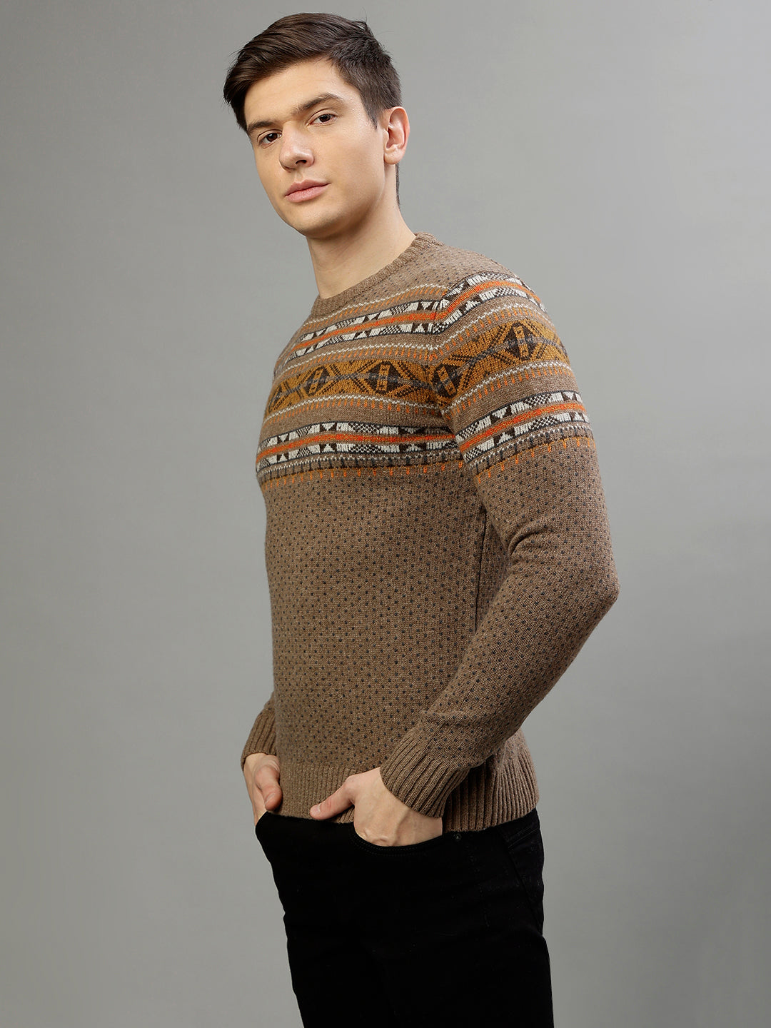 Lindbergh Men Printed Round Neck Full Sleeves Sweater