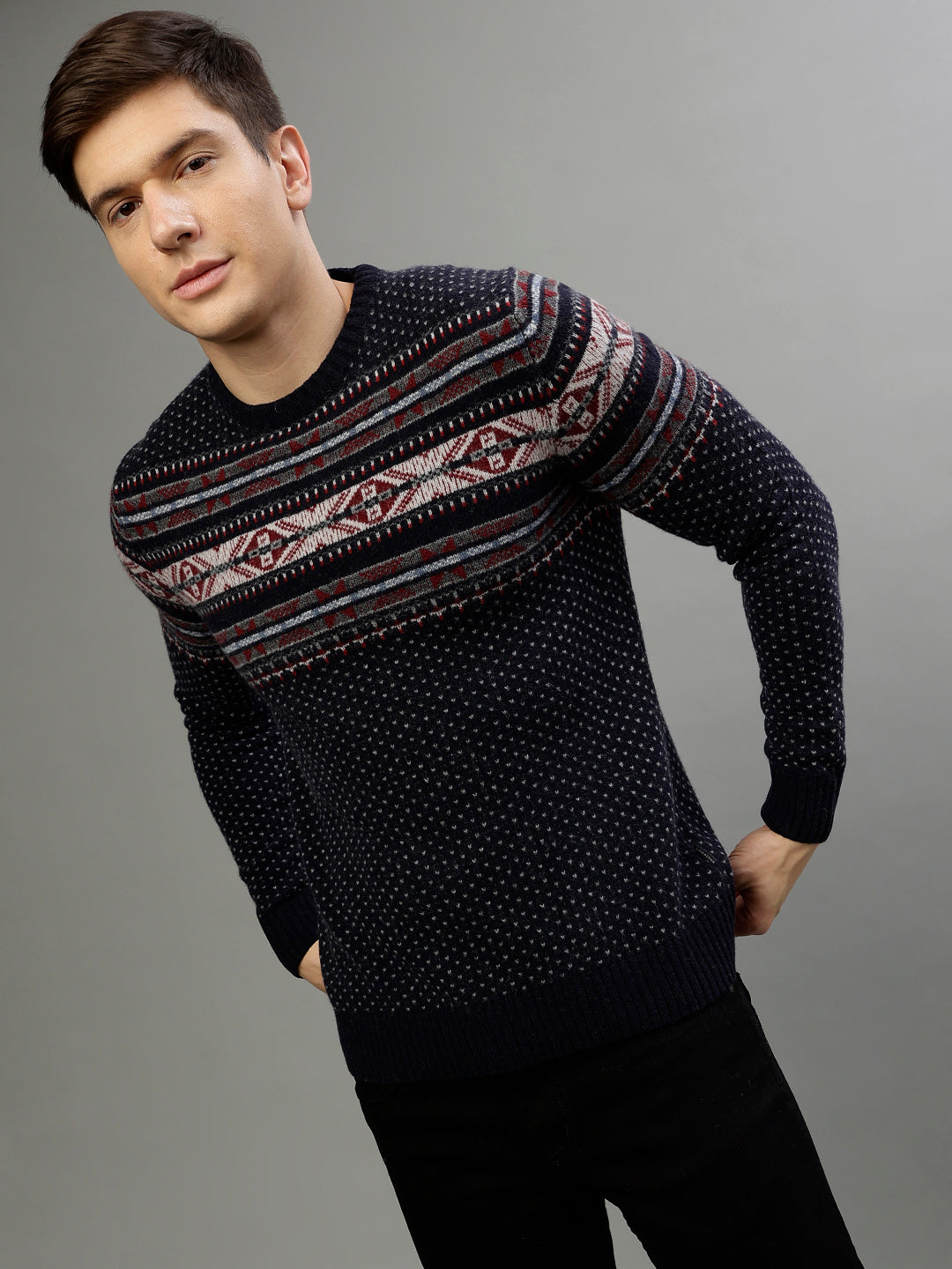 Shop Lindbergh Men Printed Round Neck Full Sleeves Sweater Online