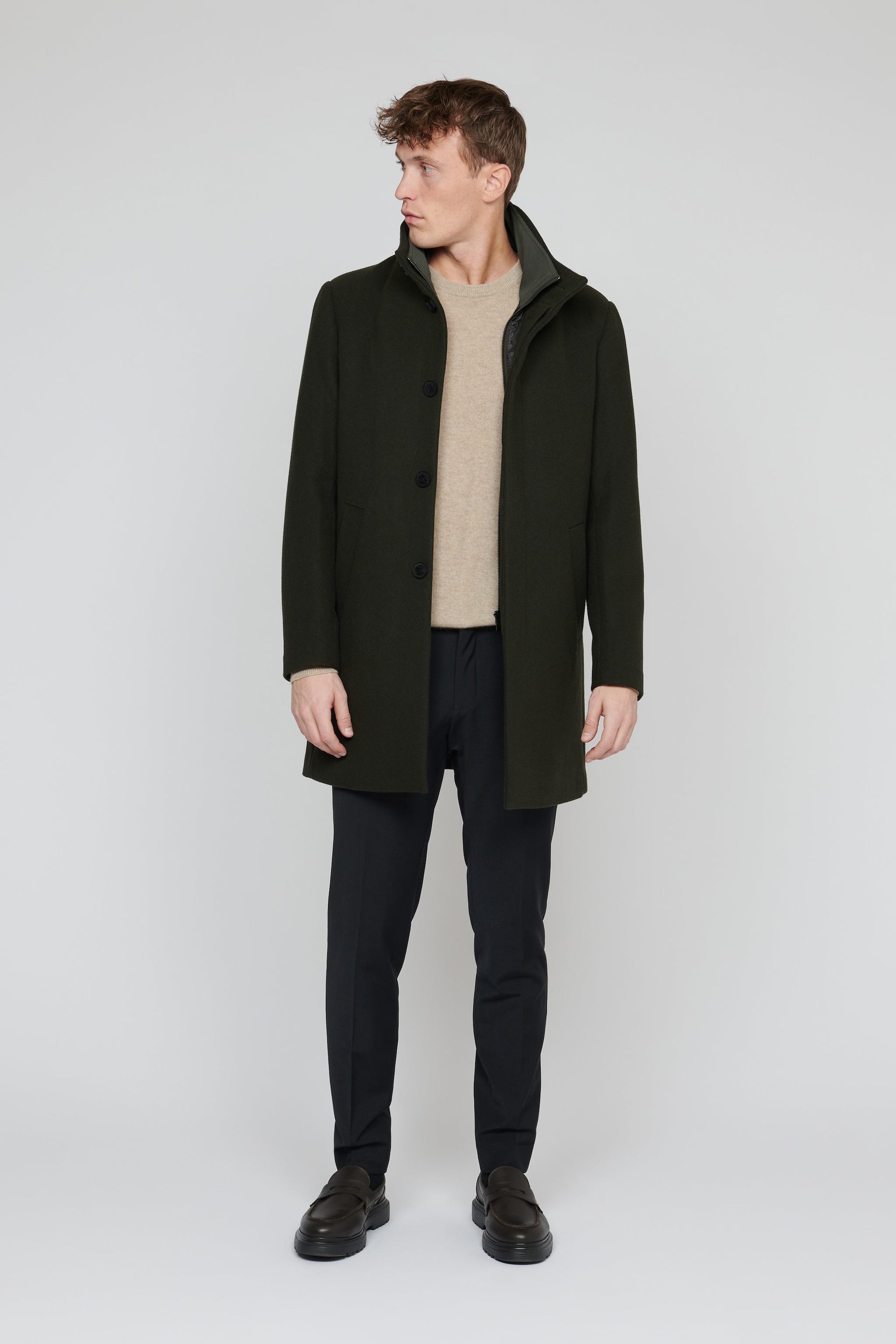 Matinique Men Green Solid Stand Collar Long Sleeves Overcoat