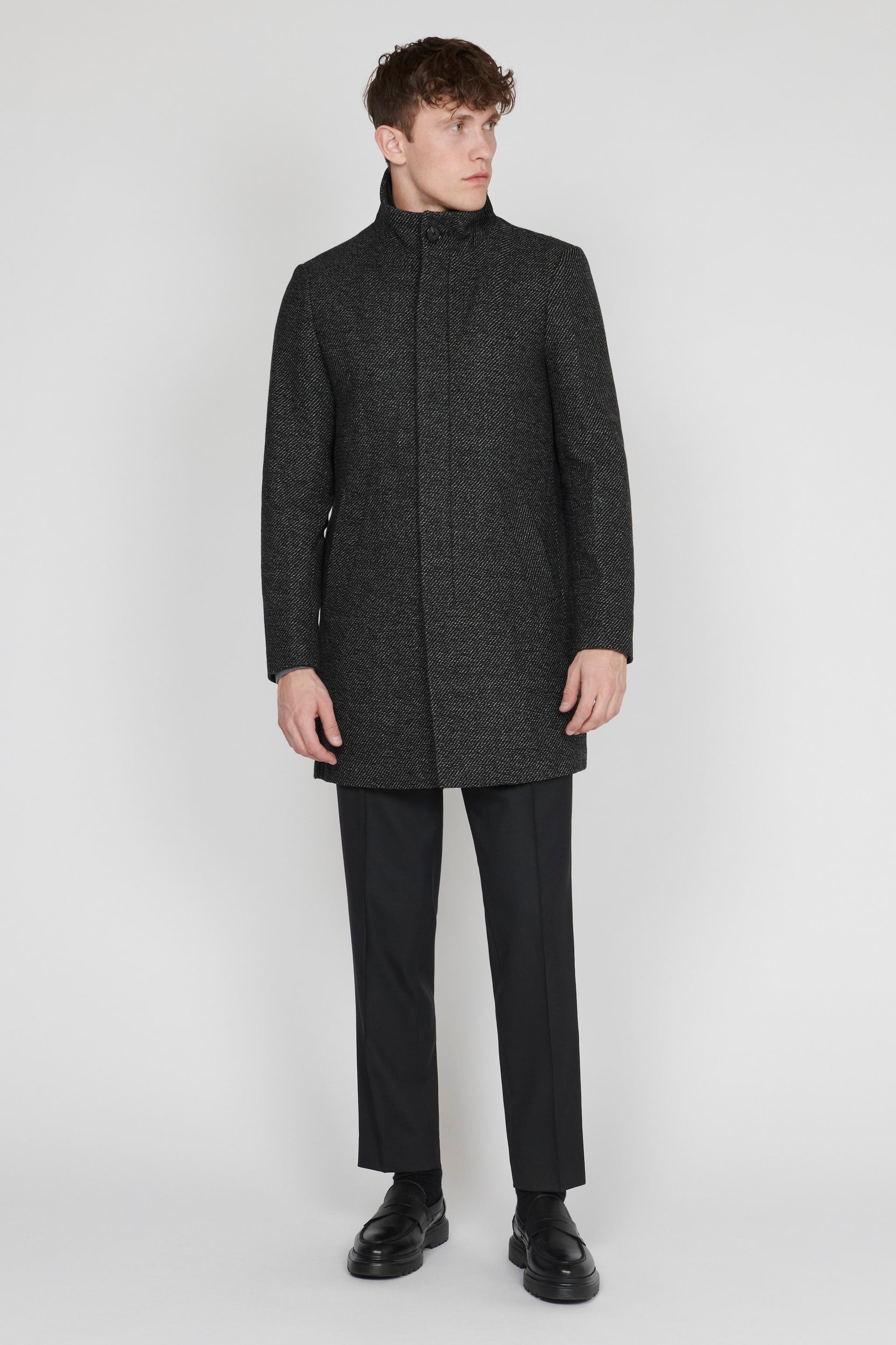 Matinique Men Black Solid Stand Collar Long Sleeves Overcoat