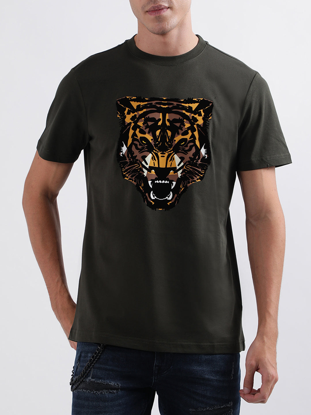 Shop Antony Morato Military Green Animal Print Regular Fit T-Shirt