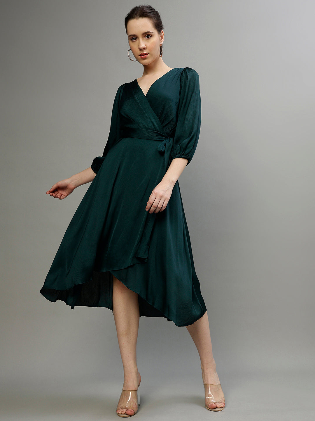 Shop Dkny Women Solid V-Neck 3/4th Sleeves Dress Online – Iconic India