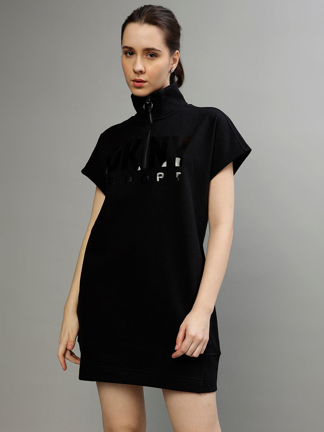 Dkny Women Solid High Neck Short Sleeves Dress