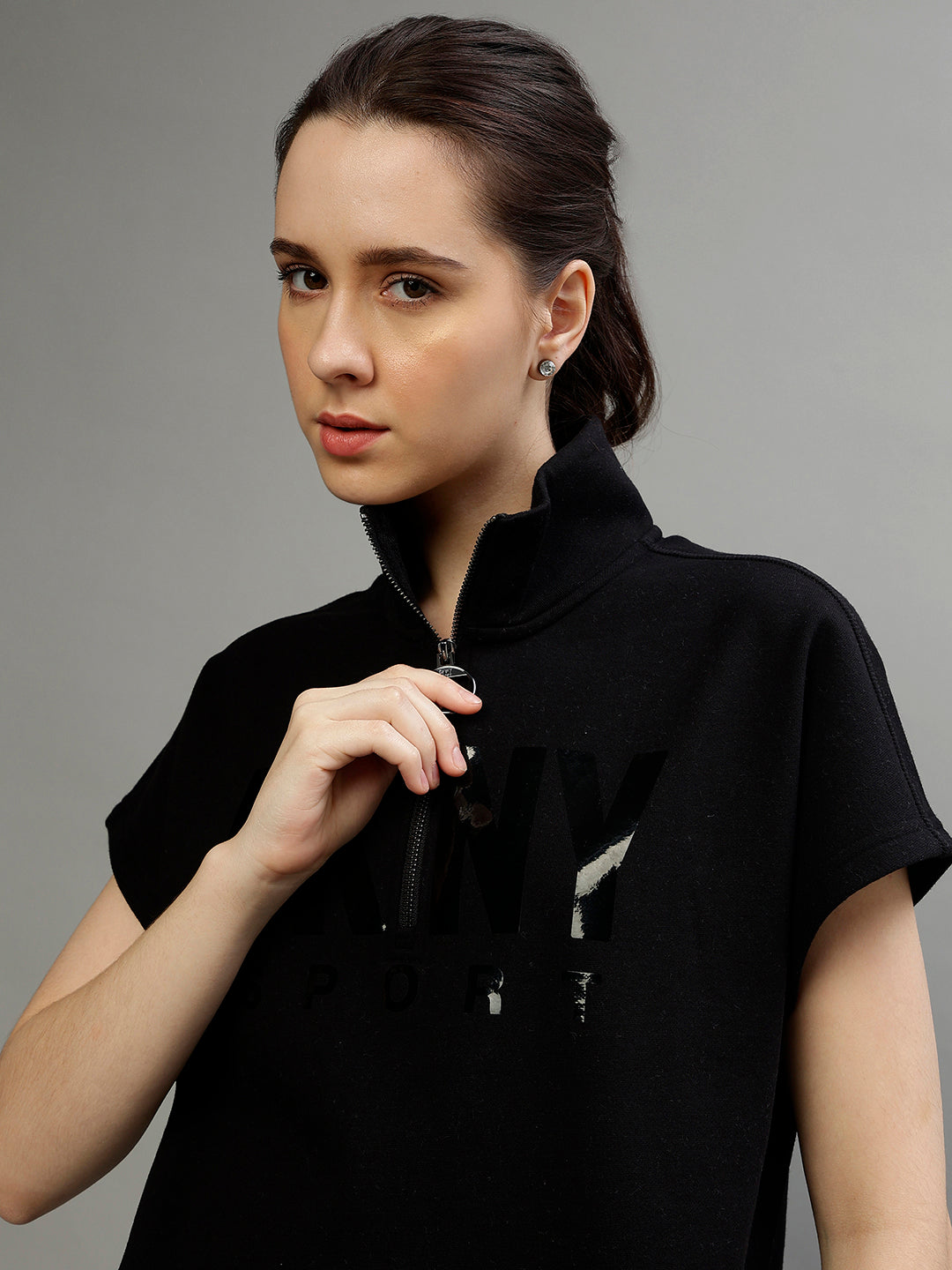 Dkny Women Solid High Neck Short Sleeves Dress