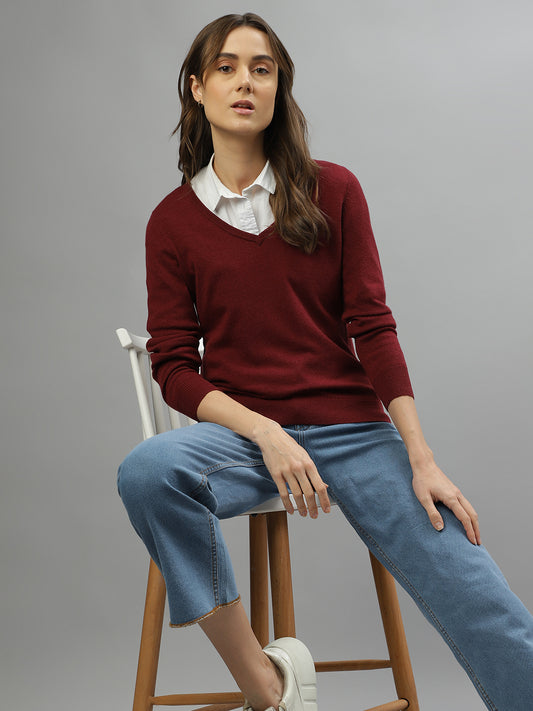 Gant Women Solid V-Neck Full Sleeves Sweater