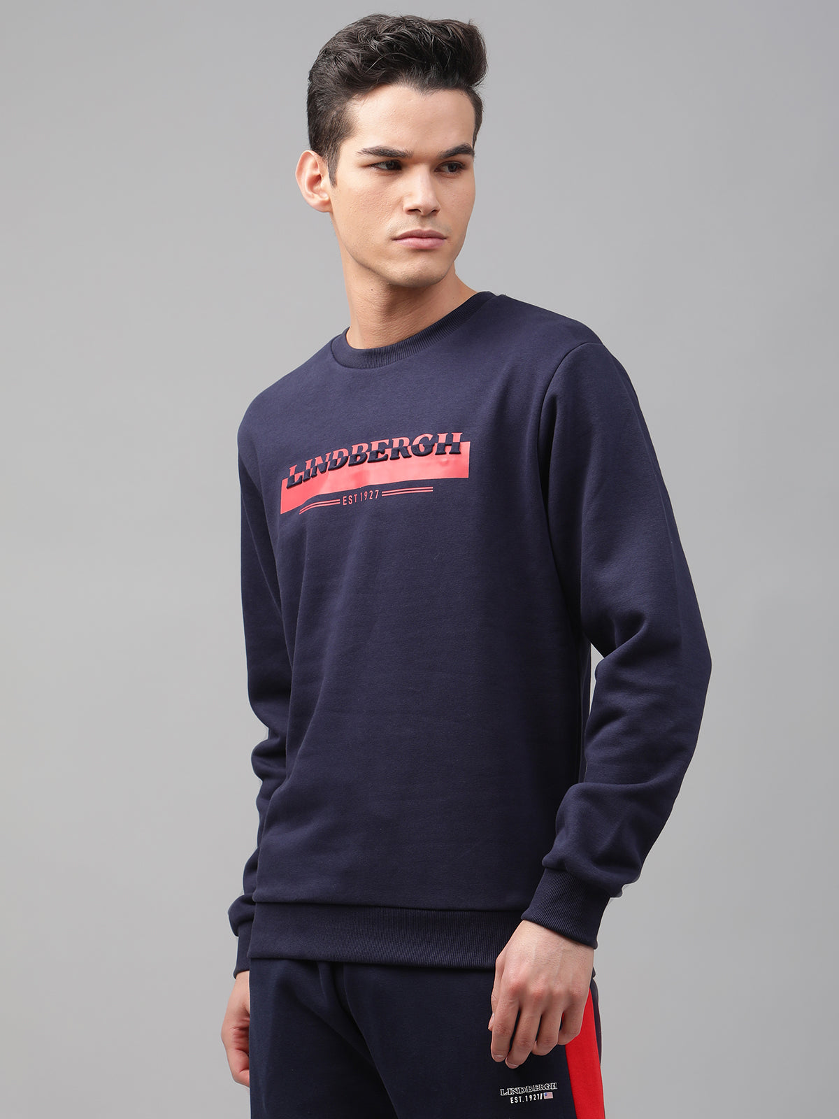 Lindbergh Men Navy Blue Solid Round Neck Full Sleeves SweaT-shirt