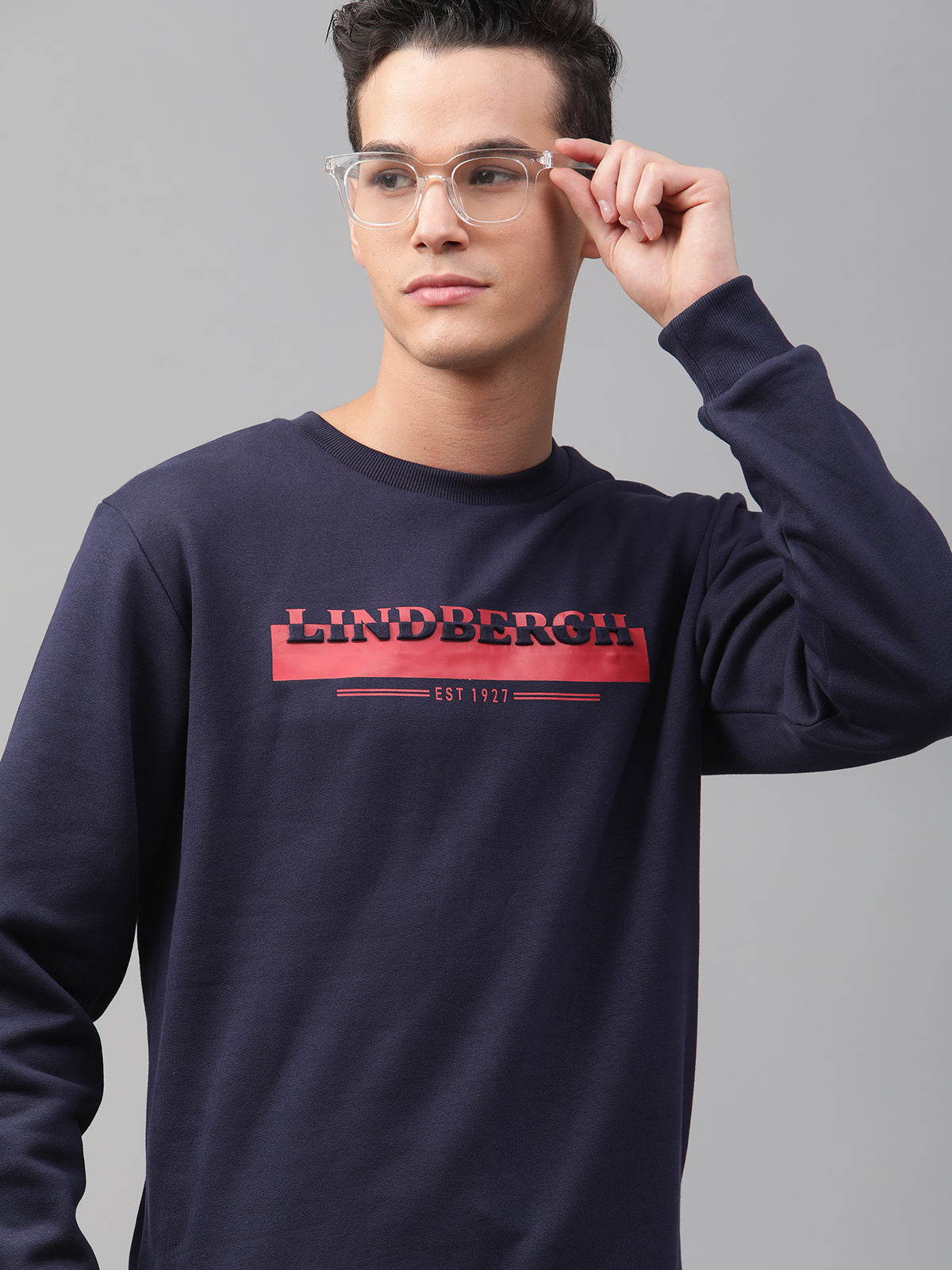 Lindbergh Men Navy Blue Solid Round Neck Full Sleeves SweaT-shirt