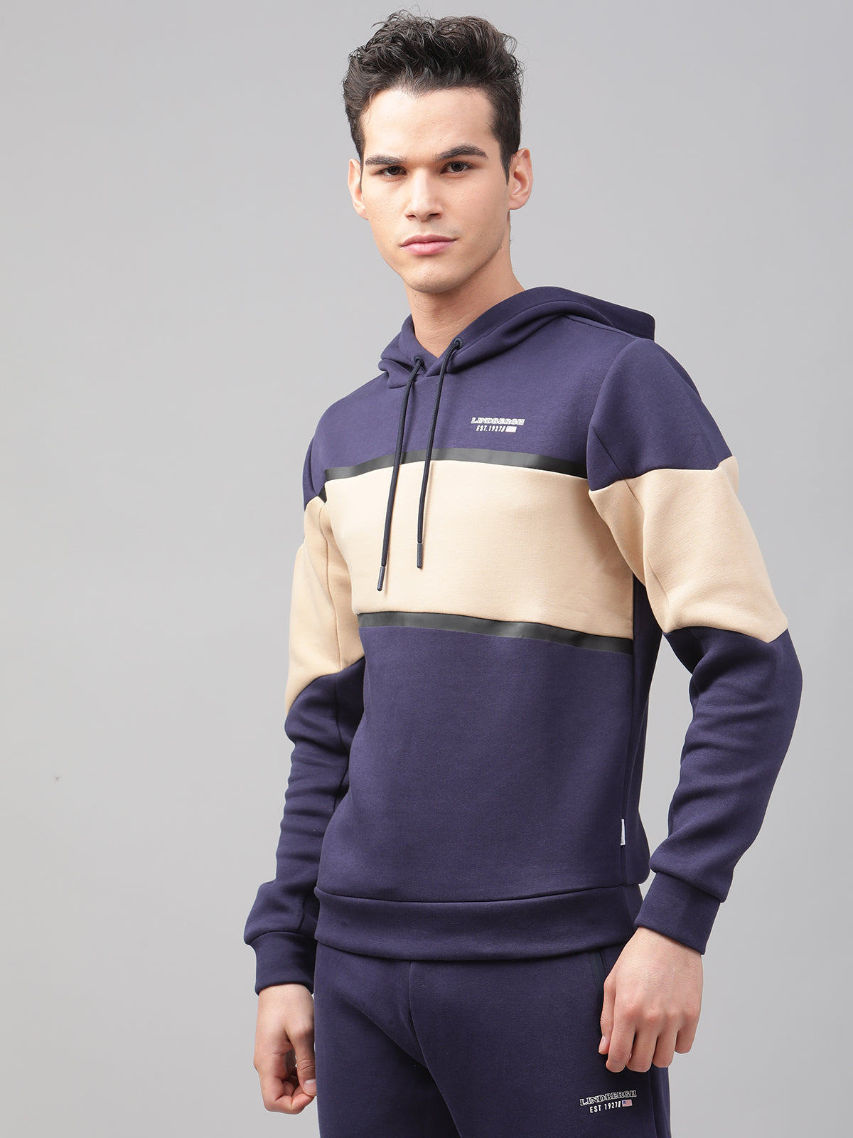 Lindbergh Men Multi Colour blocked Hooded Full Sleeves SweaT-shirt