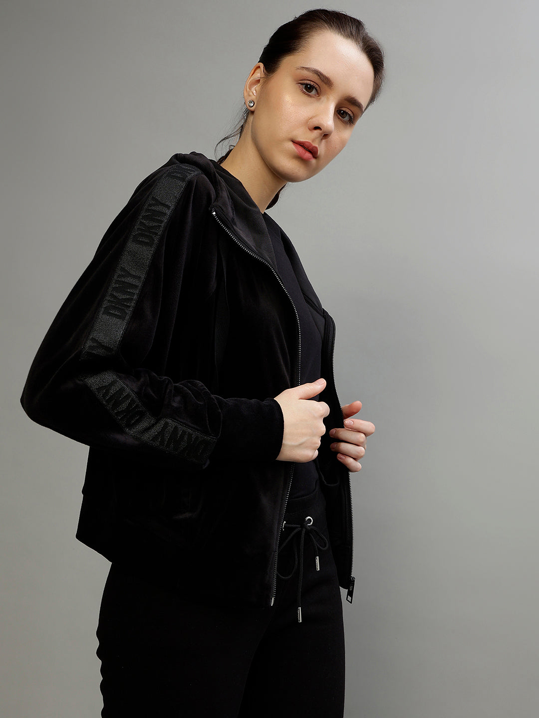 Dkny Women Solid Hooded Full Sleeves Jacket