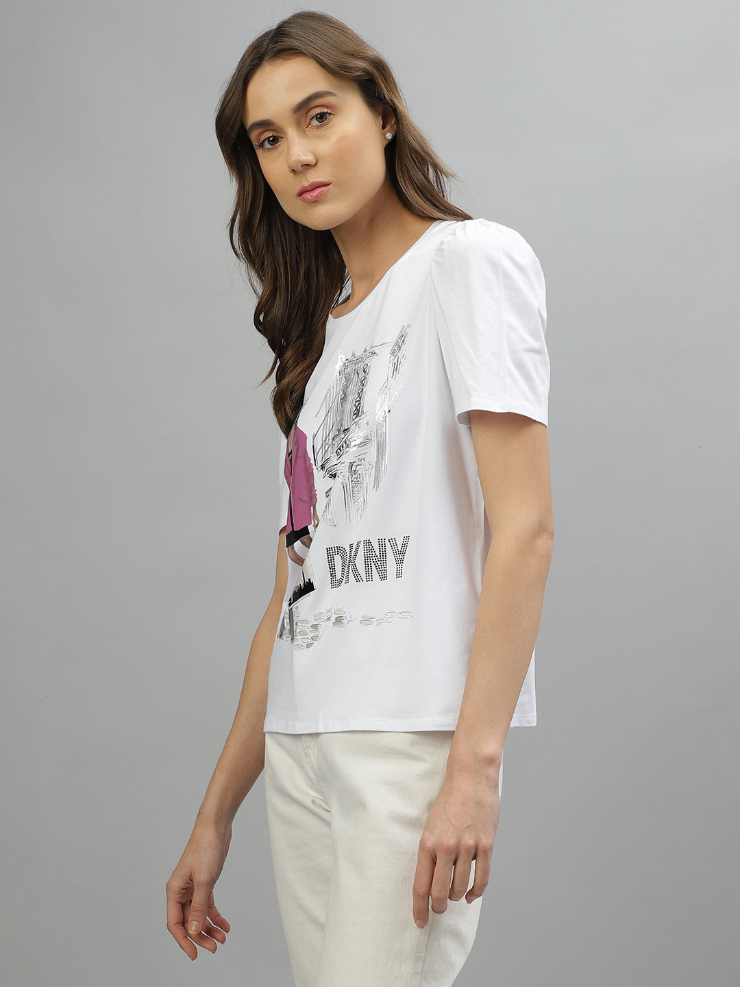 Dkny Women Printed Round Neck Half Sleeves Top