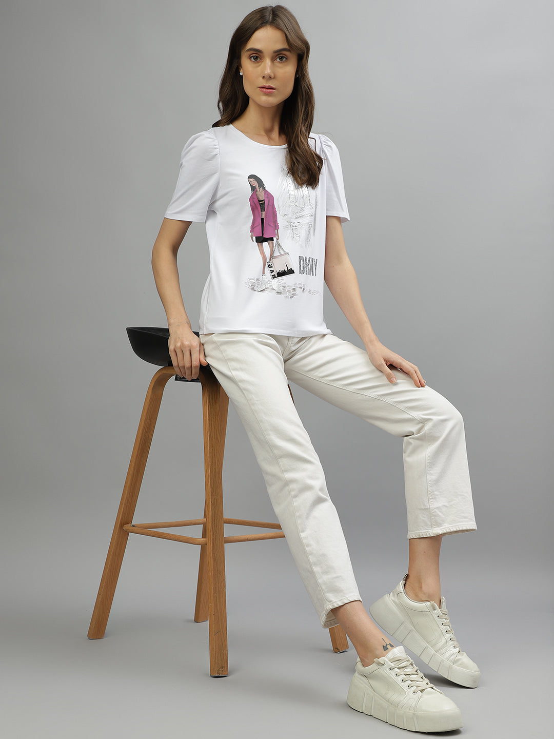 Dkny Women Printed Round Neck Half Sleeves Top