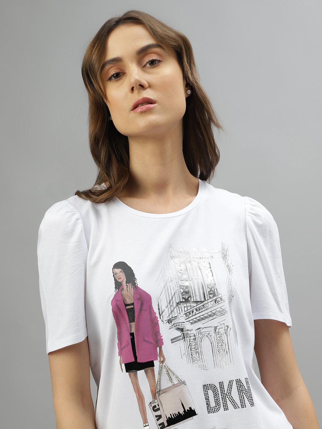 Dkny Women Printed Round Neck Half Sleeves Top