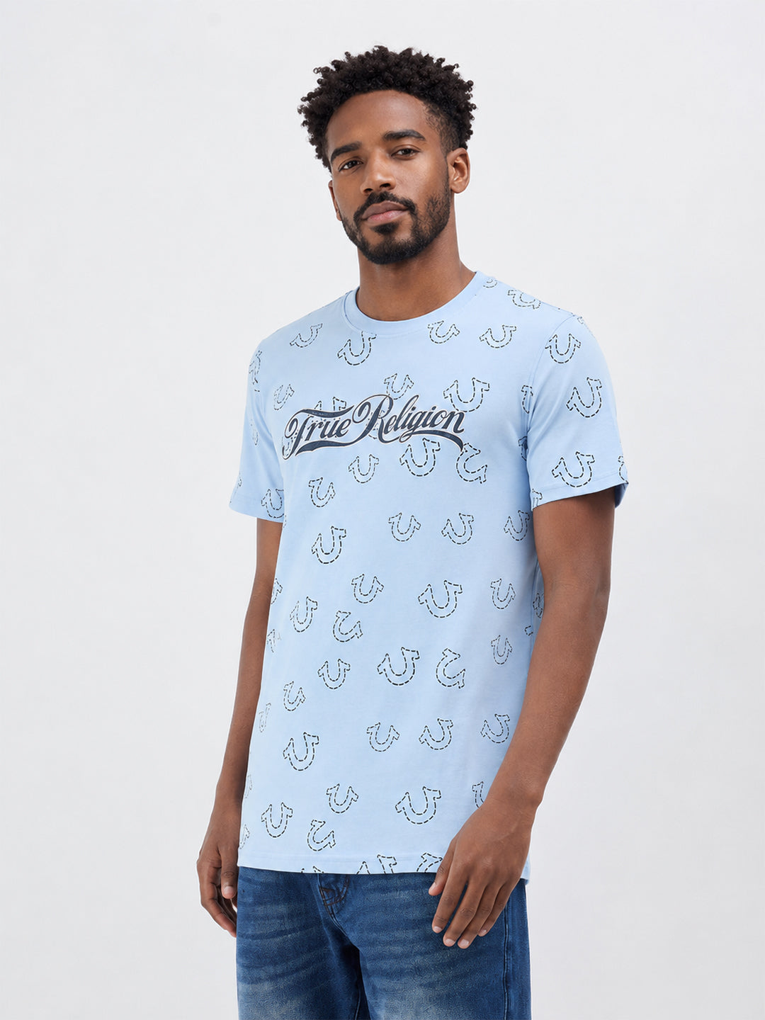 True Religion Men Blue Printed Regular Fit T-Shirt
