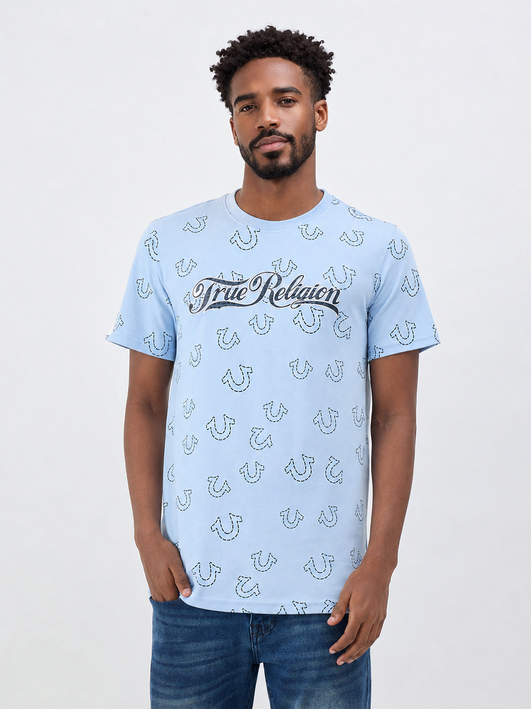 True Religion Men Blue Printed Regular Fit T-Shirt