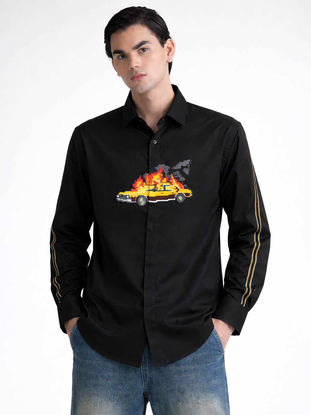 Abkasa Men Black Printed Slim Fit Cotton Shirt