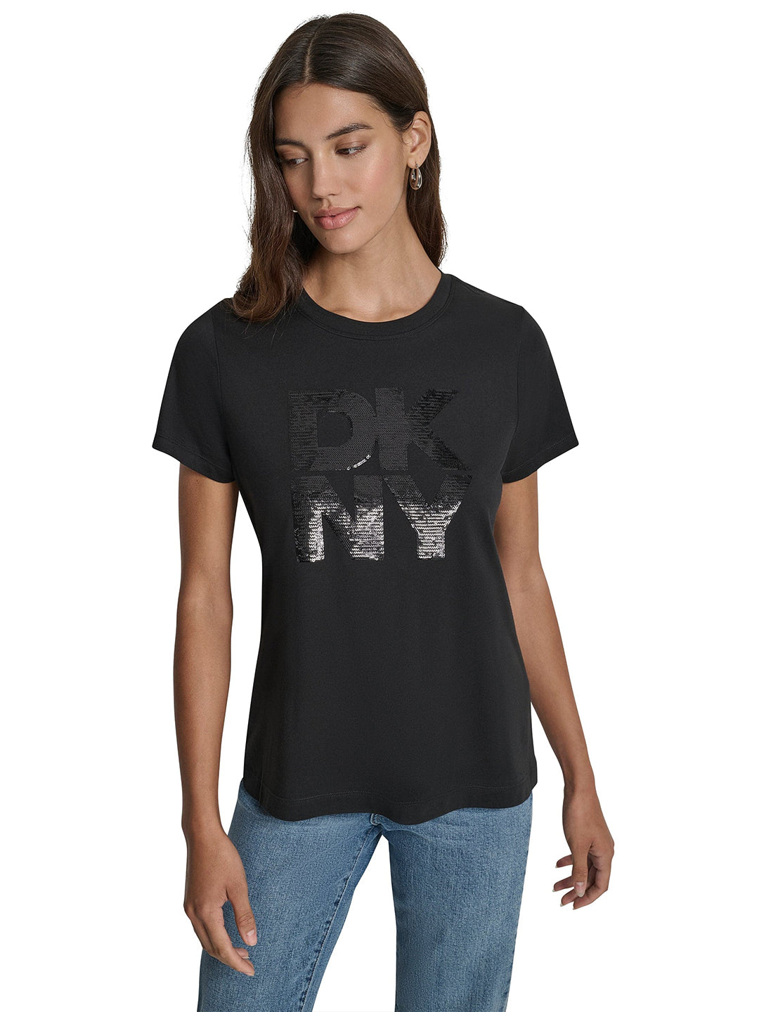 DKNY Womens Black Logo Round Neck T-Shirt