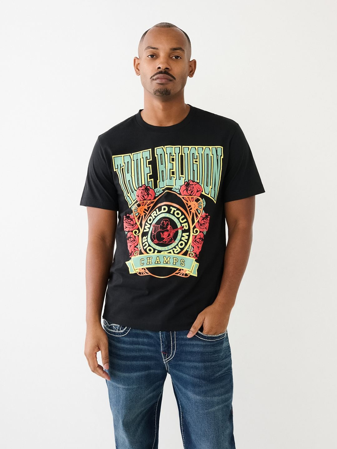 True Religion Men Black Printed Round Neck Short Sleeves T-Shirt