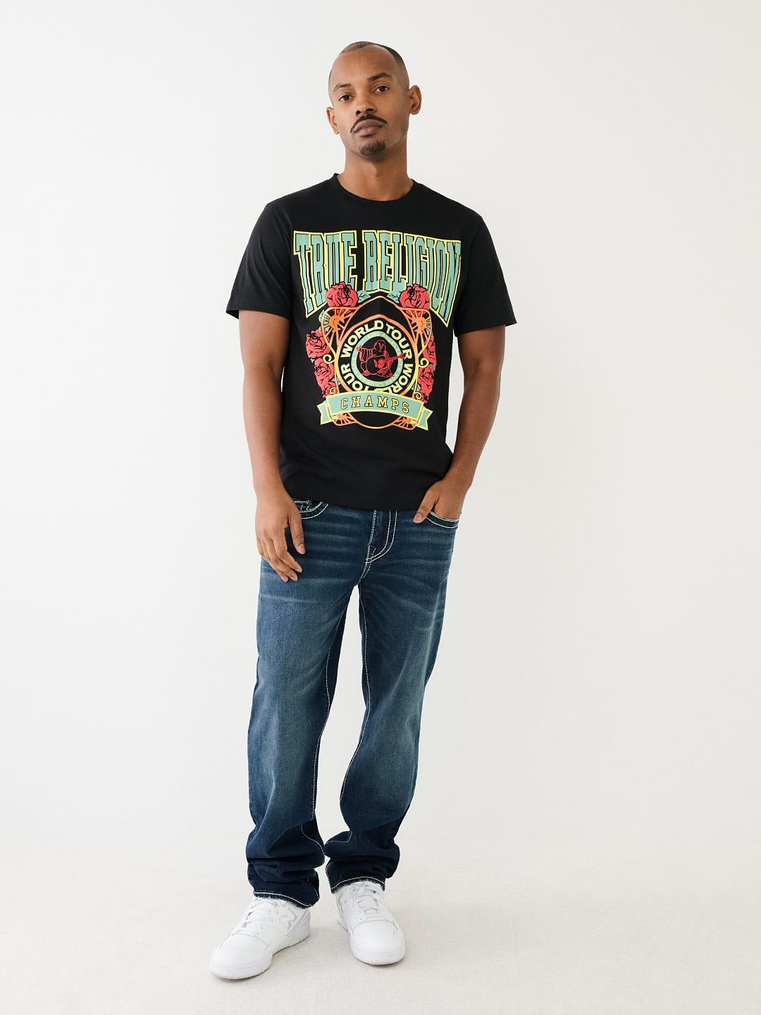 True Religion Men Black Printed Round Neck Short Sleeves T-Shirt