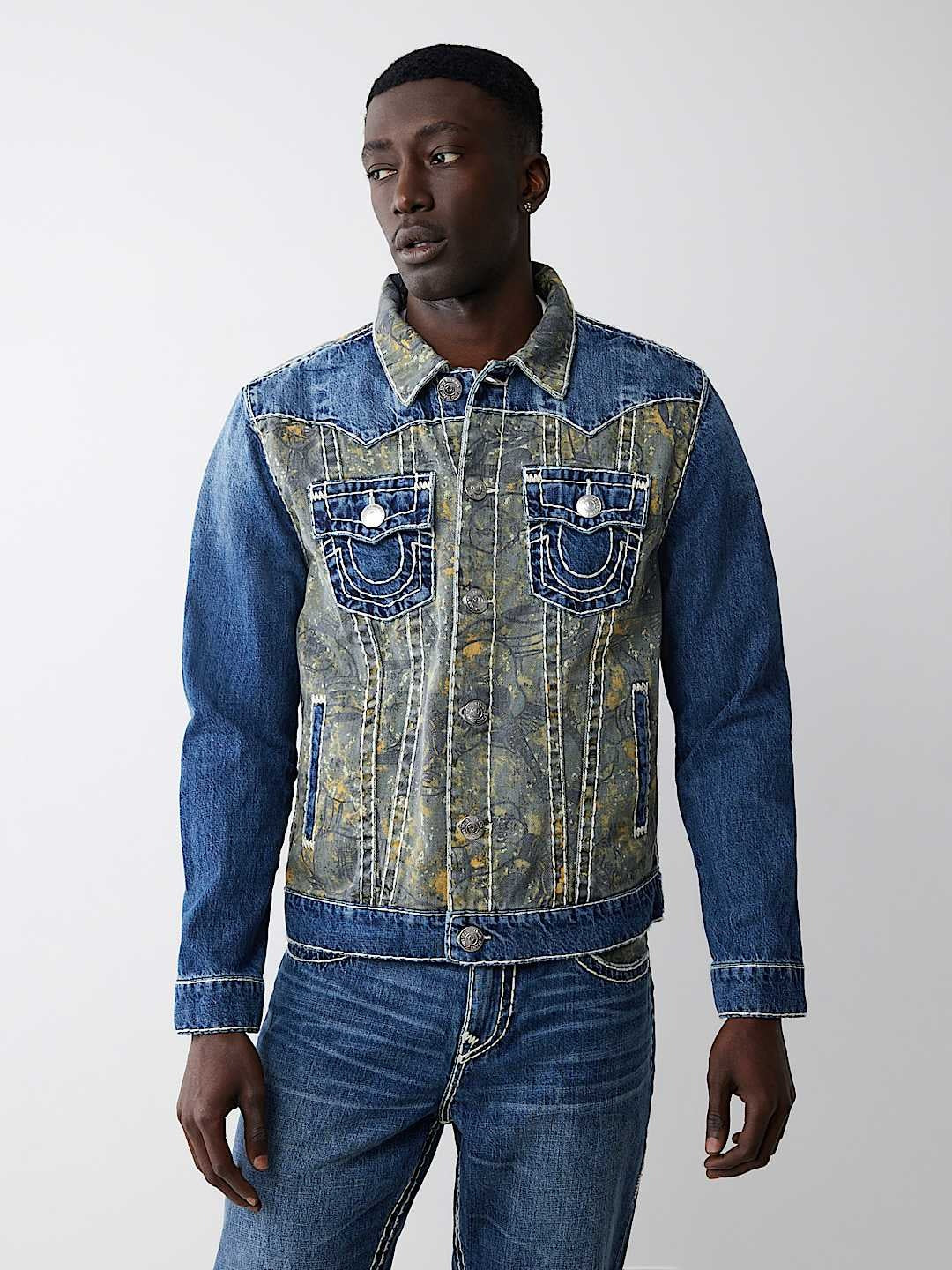 True Religion Men Blue Washed Shirt Collar Jacket
