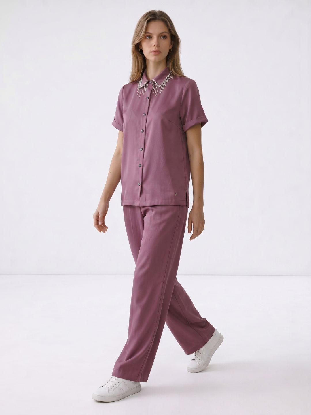 Elle Women Purple Solid Regular Fit Shirt
