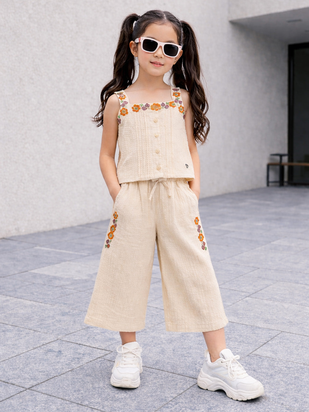 Blue Giraffe Girls Floral Cream Top