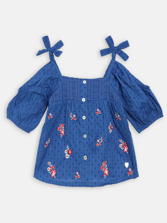 Blue Giraffe Girls Blue Embroidered Square Neck Top