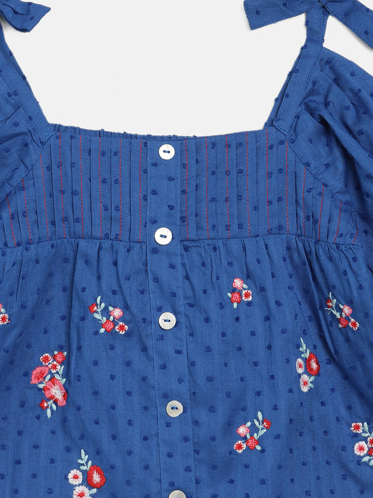 Blue Giraffe Girls Blue Embroidered Square Neck Top