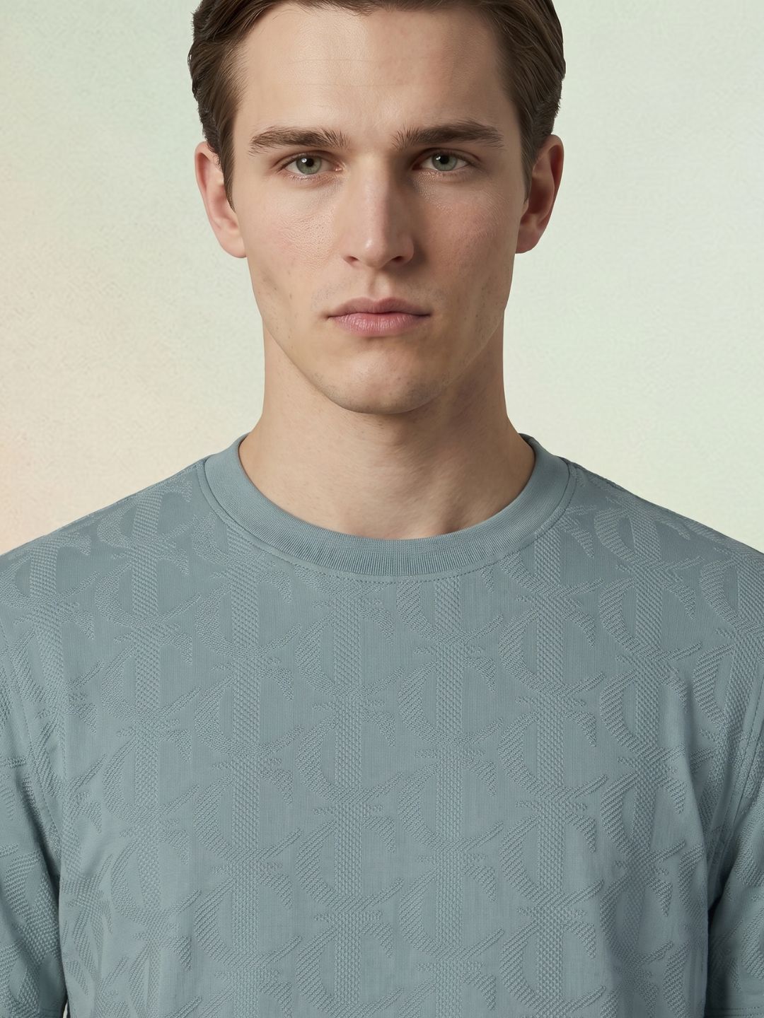 Iconic Men Green Jacquard Regular Fit Pure Cotton T-Shirt