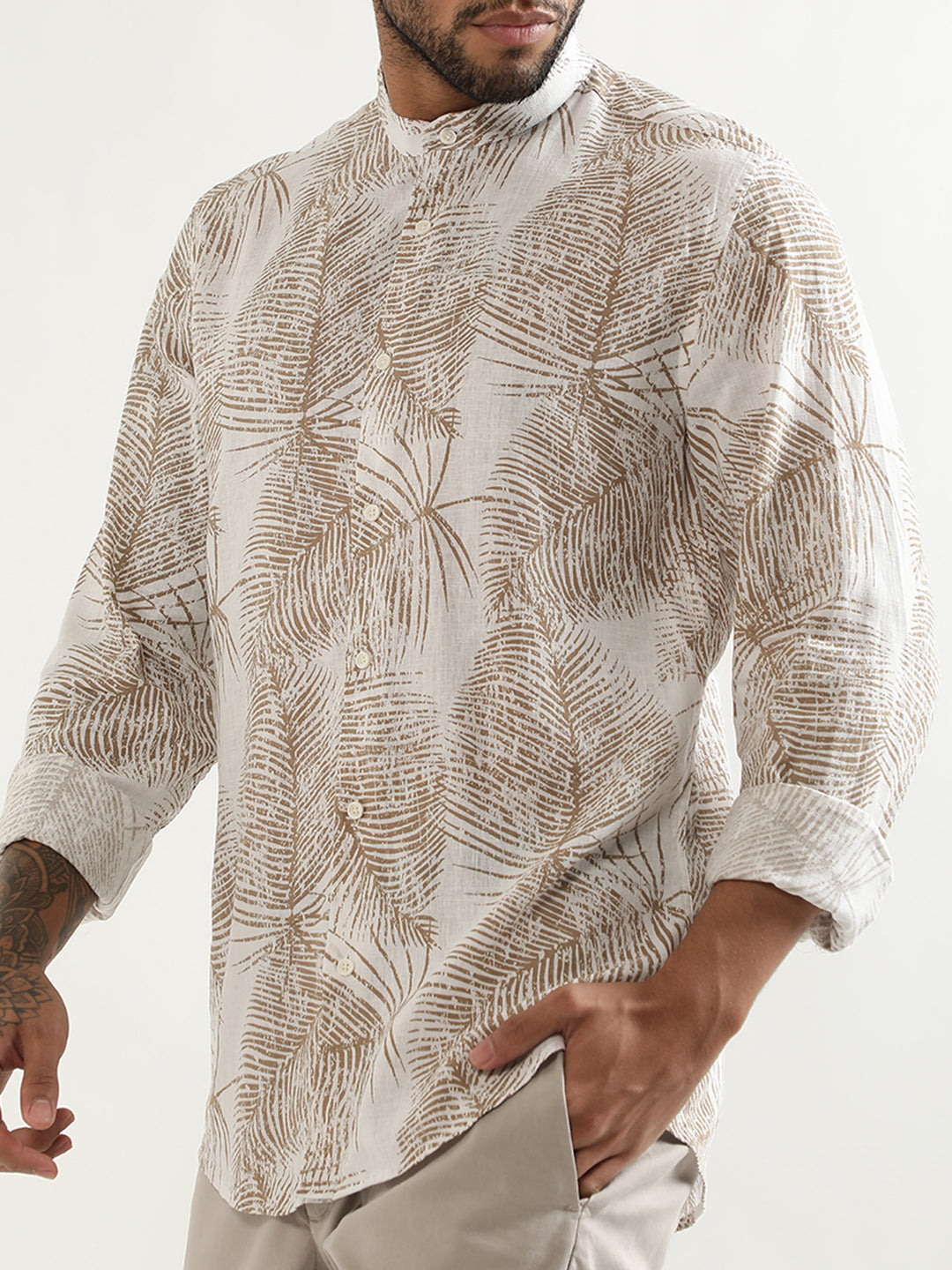 Antony Morato Men Printed Floral Band Collar Slim Fit Opaque Linen Casual Shirt